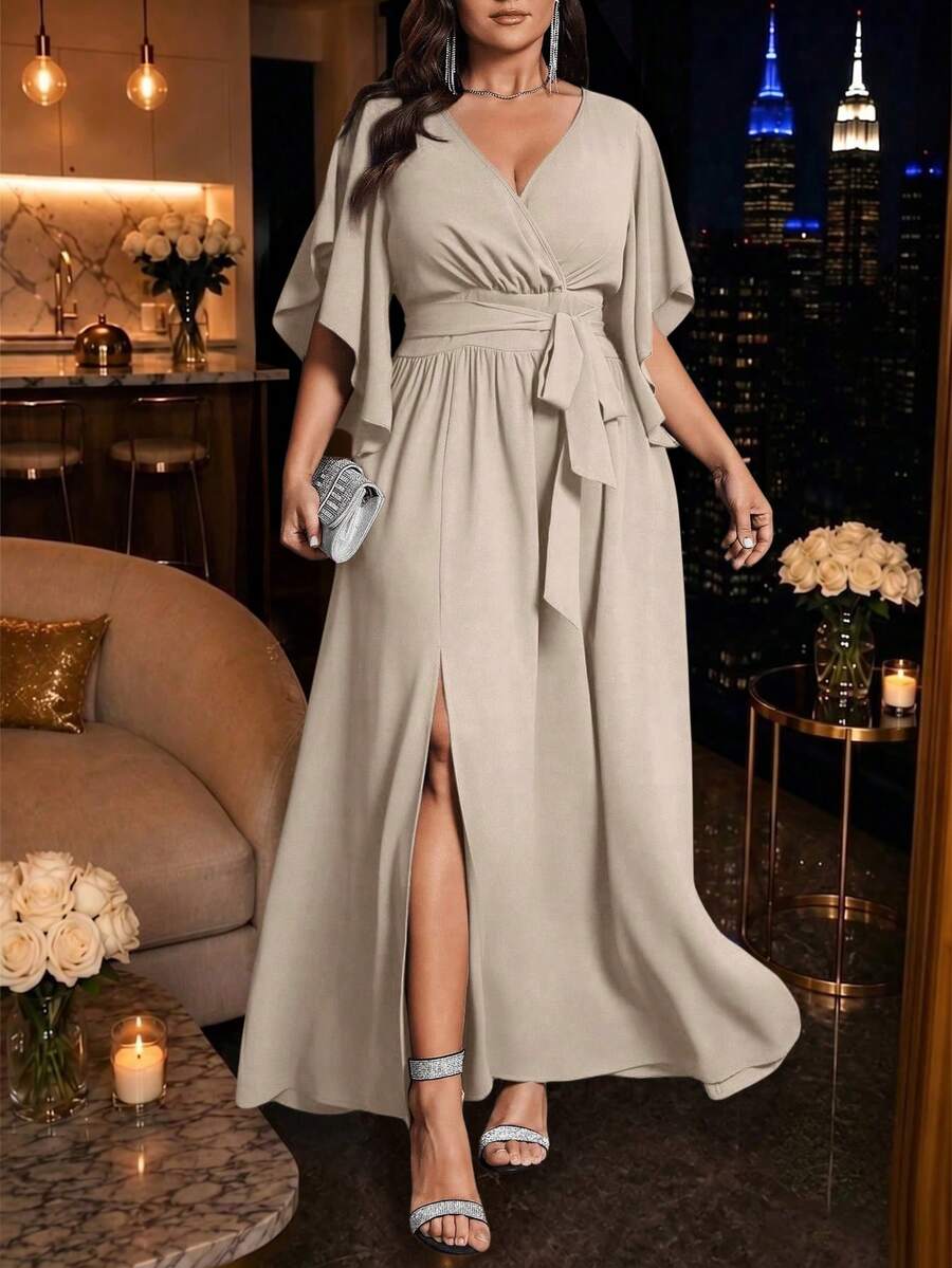 Auvina Vestido de talla grande para mujer con escote en V, mangas acampanadas, lazo en la cintura, volantes y abertura, elegante para fiestas - Albaricoque - Ver 1