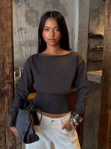 SHEIN BAE BAE Sweater Abu-abu Gelap Tanpa Bahu, Atasan Rajut Kasual Lengan Panjang untuk Kerja Musim Gugur, Sweater Abu-abu Gelap Tanpa Bahu, Kasual - Dark Grey - View 1