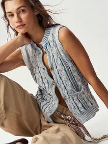 Bohemela Vintage Casual Twisted Rope Light Blue Knit Vest Everyday Autumn /Halloween/Back To School/Going Out/Vacation/Y2k/Country /Festival Outfits - Blue and White - View 7