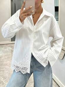 Avenya Chemise à manches longues avec col à bordure en dentelle rayée, style décontracté élégant et chic, pour le quotidien, les trajets, la Fête des enseignants, le brunch et le bureau, noir et blanc, automne - Blanc - Voir 5