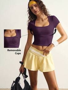 VARSIVA Workout Women Tops Casual Solid Color Cropped Sports T-Shirt, Summer Bustier Crop Sports Tee - Purple - View 2