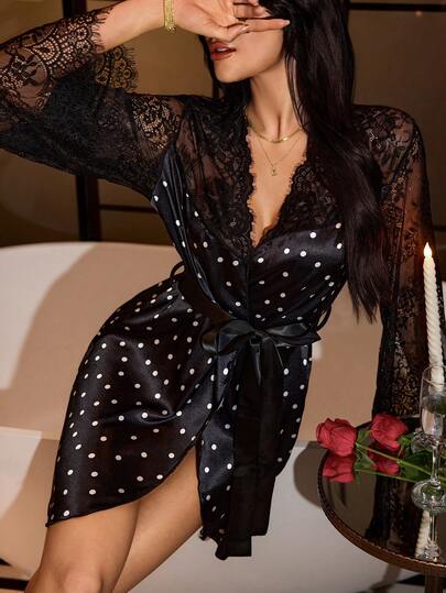 SilkySpell Women's Satin Polka Dot Print Patchwork Eyelash Lace Trim Sexy Sheer Long Sleeve Nightgown