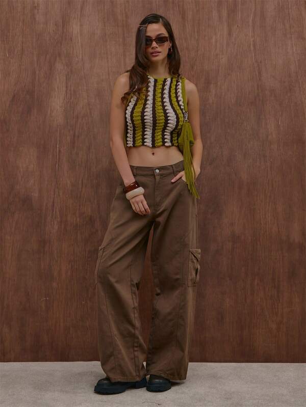 MUSERA Khaki Cargo Baggy Pocket Detail Pants Summer Autumn Everyday Date Night Holiday Vacation Dazed