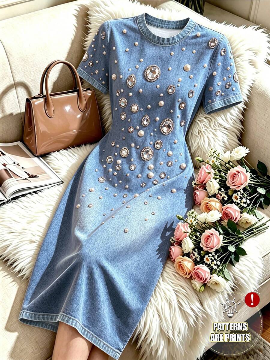 SHEIN Franclia Rhinestone & Pearl Embellished Denim Effect Print Dress For Women, Round Neck, Short Sleeve, Cinched Cinched Waist Mid-Length Bodycon Skirt - Blue - View 1