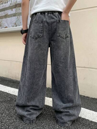 Teen Boy Cool Drawstring Elastic Rubberized Waist Loose Wide-Leg Jean Halloween And Black To School
