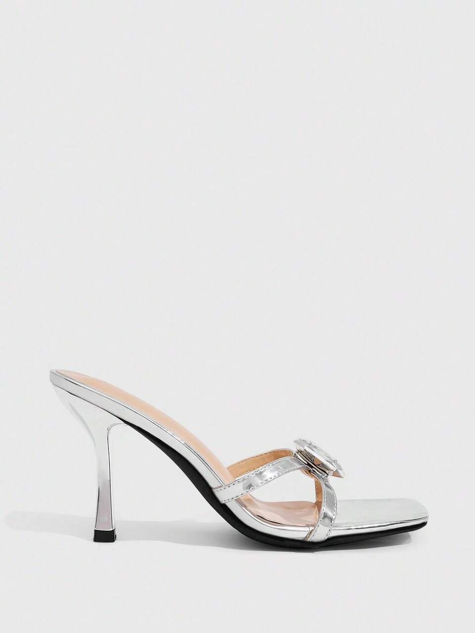 CUCCOO SZL Mirror Silver Square Toe Stiletto Sandals, Women's Light Luxury Style Oversized Glass Rhinestone High Heels
