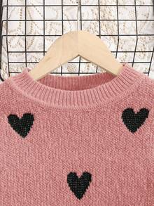 SHEIN 女童心形圖案落肩圓領毛衣與純黑色百褶裙兩件套，適合日常穿著、返校、休閒場合，秋冬日常穿搭 - 粉色 - 查看 3