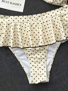 Swim Mod 女款海灘裝復古紅白波點印花對比包邊性感微型比基尼三角上衣超短比基尼裙時尚休閒度假甜美復古可愛性感比基尼兩件套掛脖式泳衣 - 彩色 - 查看 5