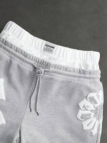 SLATEMANN Pantalones cortos para hombre con estampado de letras y cintura en contraste - Gris - Ver 5