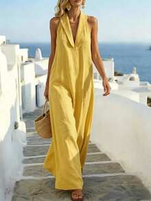 Balvessa Loose Elegant Modest Minimalist Vintage Relaxed Fit A-Line Sleeveless Dress For Women, Island Vacation Travel Beach Vacation Mustard Yellow Summer - Yellow - View 3