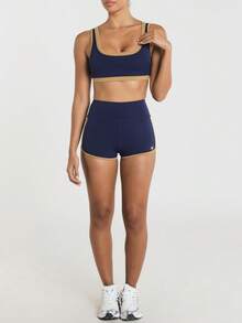 11SKNDS High Waist Booty Shorts With Contrast Gold Trim Piping And Back Pocket, Compression Fit Mini Short For Running Yoga Festival, Training & Hy-Rox - Blue - View 3