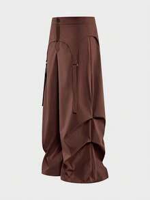 AXEPEAK Men's Solid Color Buckle Design Pleated Wide Leg Loose Fit Long Pants - Brown - View 4