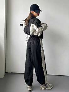 Dazy Tall Women's Colorblock Patchwork Short Jacket And Loose Long Pants Street Casual 2 Pieces Set Fall - Black - View 2