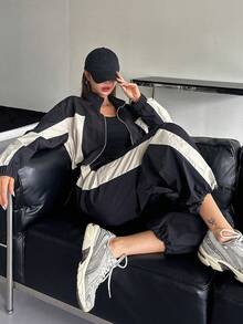 Dazy Tall Women's Colorblock Patchwork Short Jacket And Loose Long Pants Street Casual 2 Pieces Set Fall - Black - View 3