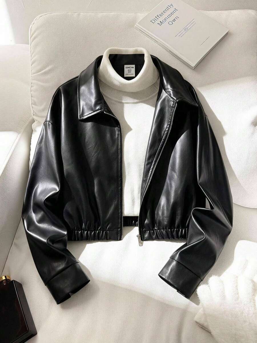 SHEIN 青少年女孩秋冬新款黑色翻領純色PU皮革夾克,短版休閒夾克,酷炫街頭風運動騎行PU拉鍊夾克,黑色百搭外套,返校季 - 黑色 - 查看 1