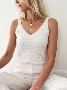 Sprig & Strand Summer Solid Color V-Neck Sleeveless Knitted Top With Wide Straps - White - View 3