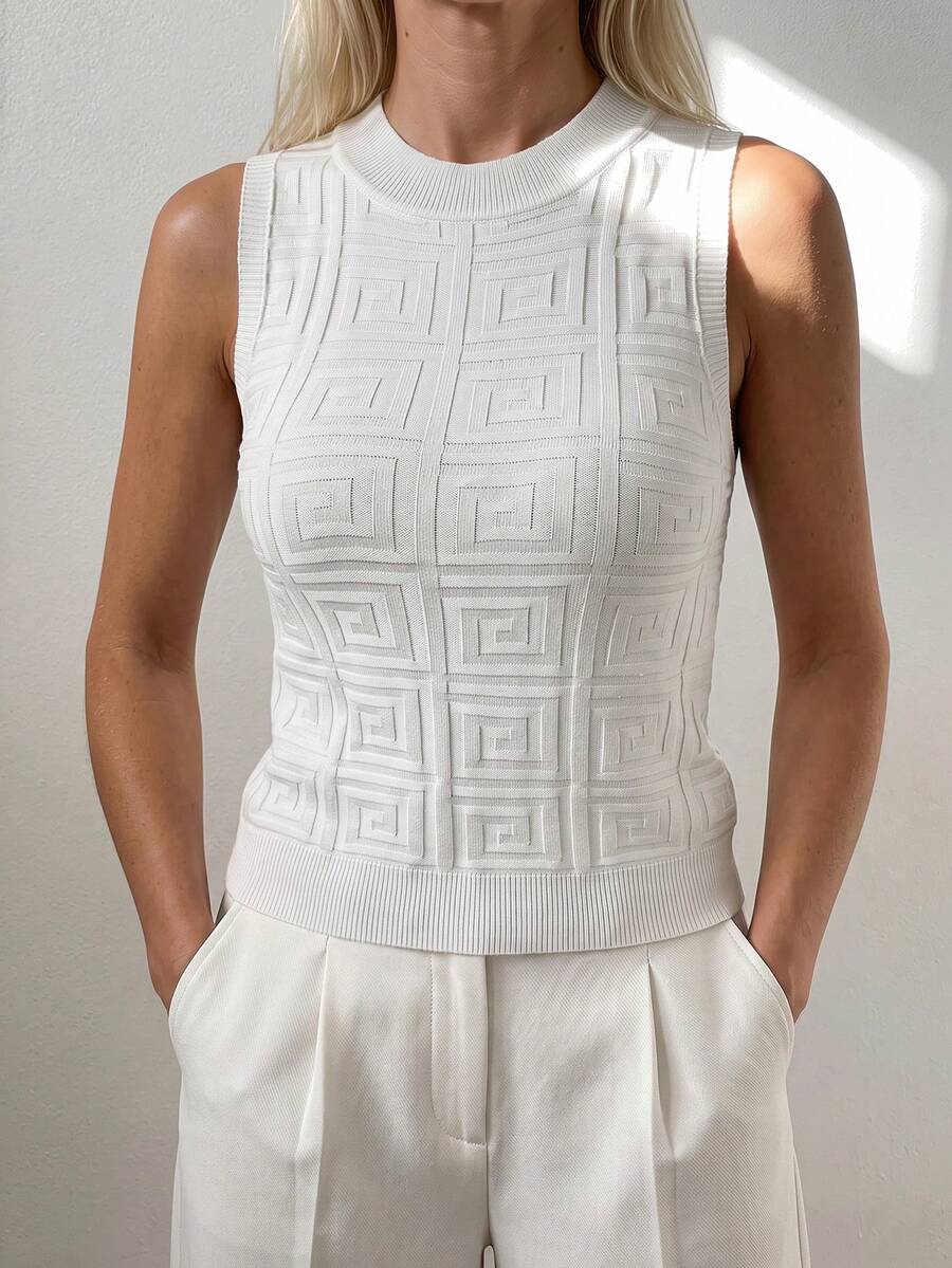 Sprig & Strand Sleeveless Fitted Geometric Print Knitted Top, Summer/Autumn - White - View 1