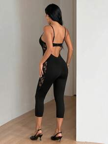 SHEIN ICON Women's Lace Patchwork Sexy Bandage Fitted Camisole Jumpsuit Club Night Out Black Summer Halloween - Black - View 2