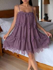 DAZY Women's Solid Color Contrast Lace Ruffle Strap Nightgown - Purple - View 5