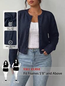 SHEIN Tall CURVE 大尺碼女款純色休閒百搭日常長袖開襟衫 - 藏蓝色 - 查看 1