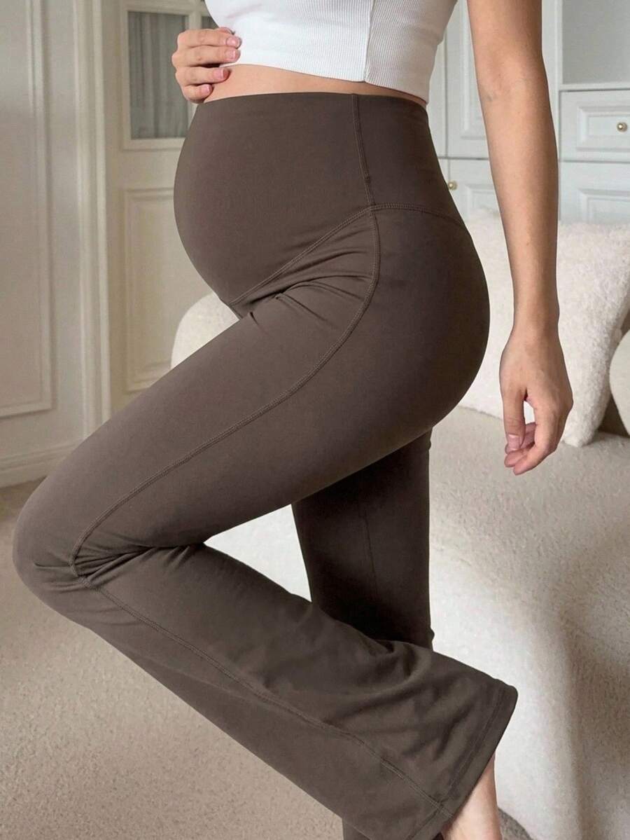 DAZY Elastic Fitted Solid Color Patchwork Adjustable Buckle Flare Leggings Elegant Casual Daily Wear Maternity Leggings Long All Season Fall - Brown - View 1
