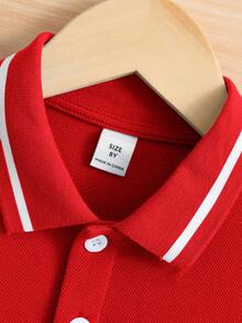 SHEIN Tween Boy Collared Solid Color Short Sleeve Polo Shirt,Kids - Red - View 3