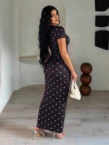 SHEIN SXY 不對稱領圓點印花修身優雅洋裝 - 黑與白 - 查看 3