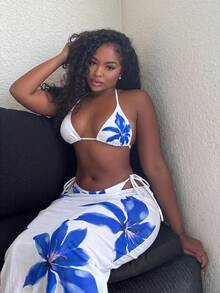 Alexandranx 2025新款女士休闲度假吊带三角上衣、侧系带泳裤和长款网纱裙三件套泳衣/比基尼夏季沙滩装 - 彩色 - 查看 5