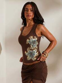 Opulessa Spring/Summer Vacation Solid Color Knit Fitted Women's Tank Top - Brown - View 5