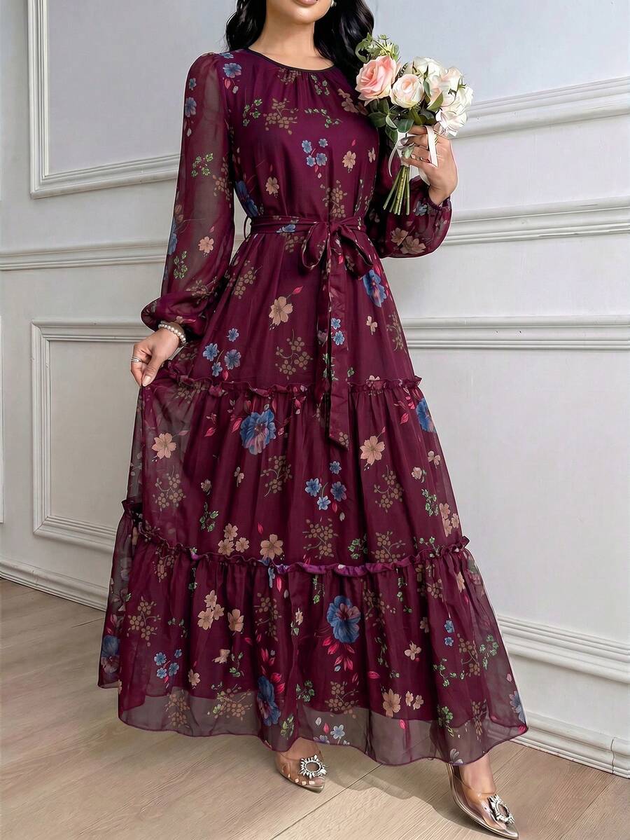 Modelyn 女士优雅印花雪纺系腰连衣裙,适合春夏穿着 - 紫色 - 查看 1