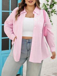 SHEIN CURVE+ Curve Size US22 音樂節海邊度假波希米亞風女款長袖休閒條紋襯衫，春夏女裝 - 粉色 - 查看 6