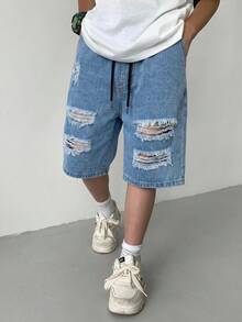 Tween Jungen Mode Casual Y2K Vintage Cool Straße Cut-Out zerrissene ausgefranste Basic einfach und bequeme Kordelzug Baumwolle elastischer Bund Jeans Shorts für den täglichen Gebrauch und Frühling bis Sommer Rave Festival und Streetwear - Blau - Übersicht 5