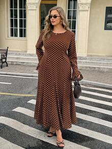 Easura Plus Size Polka Dot Flare Sleeve Mermaid Hem Dress Fall - Brown - View 6
