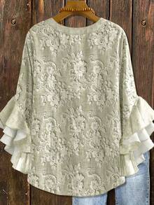 EMERY ROSE Plus Size Apricot Faux 3D Embroidery Dual-Color Ruffle Cuff Casual Vacation Shirt - Apricot - View 2