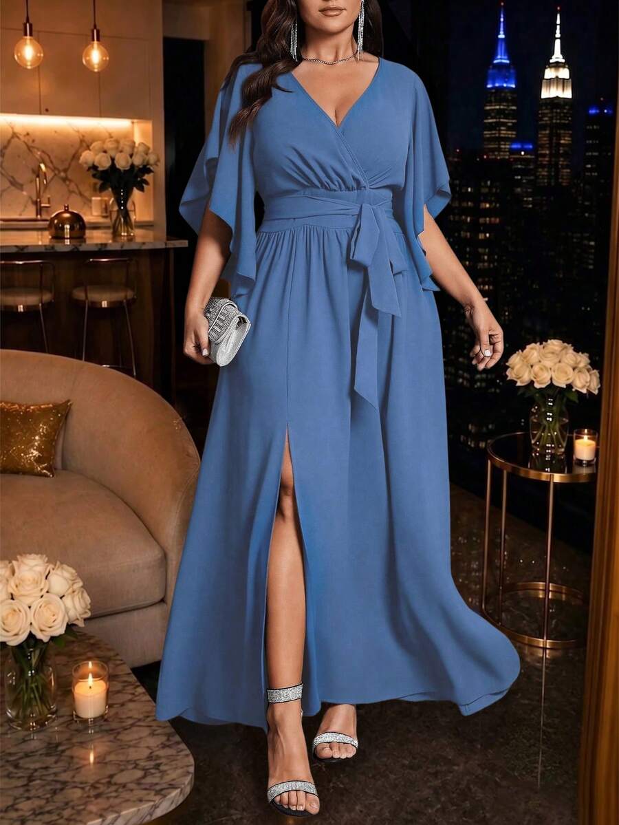 Auvina Plus Size Women V-Neck Flare Short Sleeve Tie Waist Ruffle Slit Elegant Party Maxi Dress - Dusty Blue - View 1