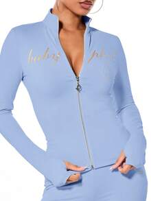 BABYPHAT High Neck Long Sleeve Jersey Zip-Up Top With Gold Glitter Script Logo Print - Baby Blue - View 4