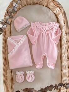 1 Stück Herbst/Winter Plüsch Baby Mädchen Neugeborene Hauskleidung Rosa einseitig Kristall Plüsch süß Rüschen Saum Flügelärmel Rücken Wassertropfen Knopf Design Langarm Fuß Jumpsuit - Pink - Übersicht 1