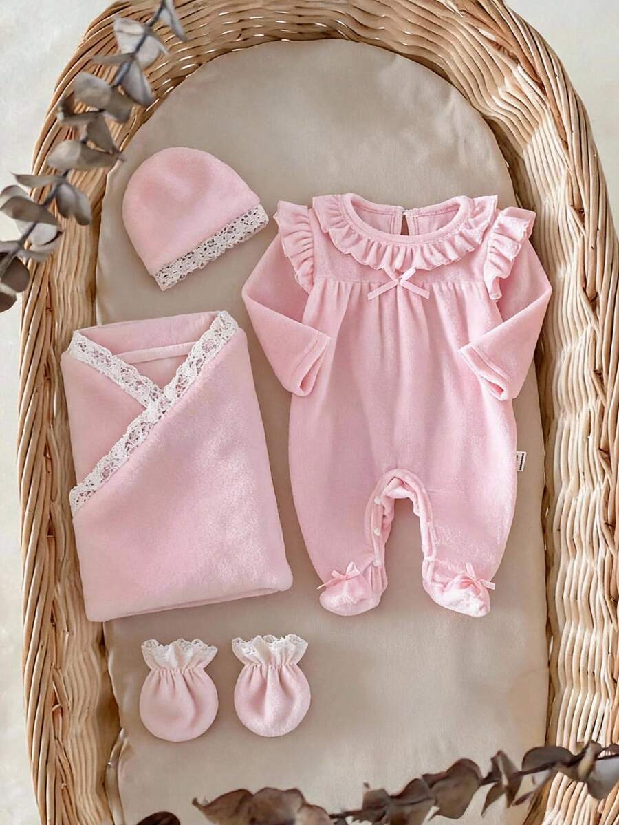 1 Stück Herbst/Winter Plüsch Baby Mädchen Neugeborene Hauskleidung Rosa einseitig Kristall Plüsch süß Rüschen Saum Flügelärmel Rücken Wassertropfen Knopf Design Langarm Fuß Jumpsuit - Pink - Übersicht 1