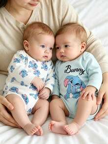 SHEIN 2pcs/Set Baby Boy Cute Rabbit Print Long Sleeve Bodysuit, White Light Blue Color, Spring/Autumn Crawl Suit, Matching Parent-Child Style, Soft Fabric - Blue - View 5