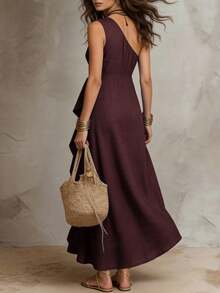 Solivie Women's Solid Color One-Shoulder Patchwork Ruffle Sleeveless Elegant Long Dress - Burgundy - View 2