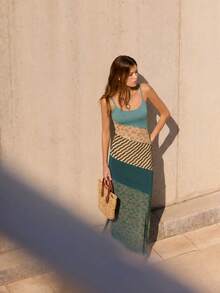 Nöista Vestido Maxi con Bloques de Color y Tirantes de Espagueti con Estampados Mixtos en Paneles de Patchwork, Suave y Elástico - Multicolor - Ver 3