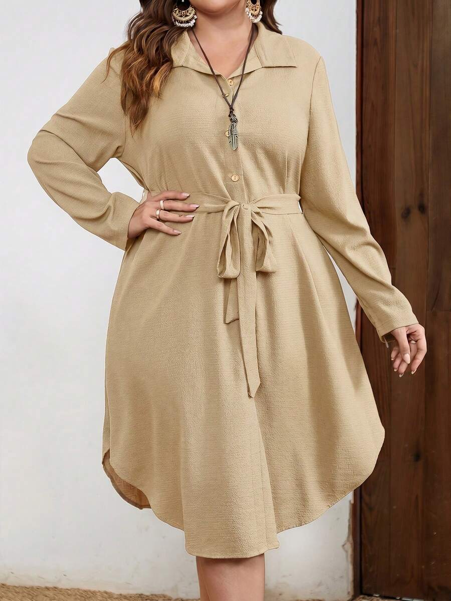 EMERY ROSE Plus Size Women's Solid Color Long Sleeve Single-Breasted Casual Shirt Dress Fall - Khaki - View 1