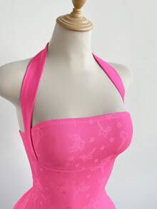 Elamini 春夏女款甜美掛脖緞面拼接網紗蝴蝶印花收腰性感迷你派對生日洋裝，後背蝴蝶結，粉色 - 玫紅色 - 查看 5