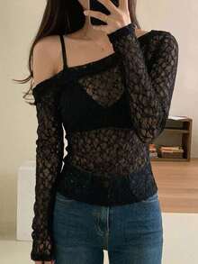 Dazy Tall Women's Asymmetric Shoulder Long Sleeve Textured Semi-Sheer Casual Top Fall - Black - View 10