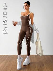 SHEIN Dewbera H1086 黑白無縫運動連身衣 - 咖啡棕 - 查看 4