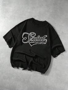 ROMWE MEN Street Life Men's Letter Beaded Round Neck Short Sleeve Distressed Knit Top - Black - View 7
