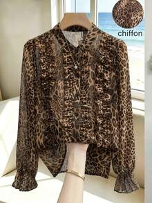 GlowEve CURVE Plus Size New Leopard Print Chiffon Fabric Stand Collar Button-Down Shirt Long Sleeve With Lace Trim On Chest For Women Fall - Brown - View 3