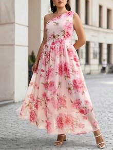 Velvienne Fashionable Elegant Light Pink Women's One-Shoulder Waist-Cinching A-Line Chiffon Printed Maxi Dress Plus Size - Pink - View 1