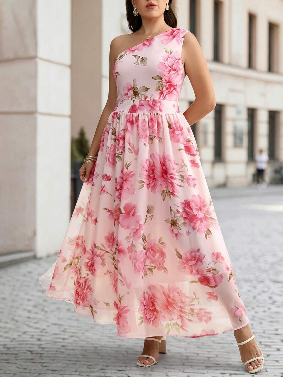 Velvienne Fashionable Elegant Light Pink Women's One-Shoulder Waist-Cinching A-Line Chiffon Printed Maxi Dress Plus Size - Pink - View 1
