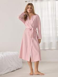 Ocili Bata de casa casual de uso diario para mujer con unicolor y lazo en la cintura - Rosa - Ver 4
